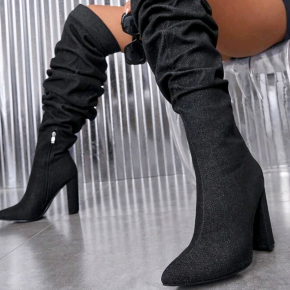 Everyday Chunky Slouchy Black Over the Knee Boots - Picture 7 of 8